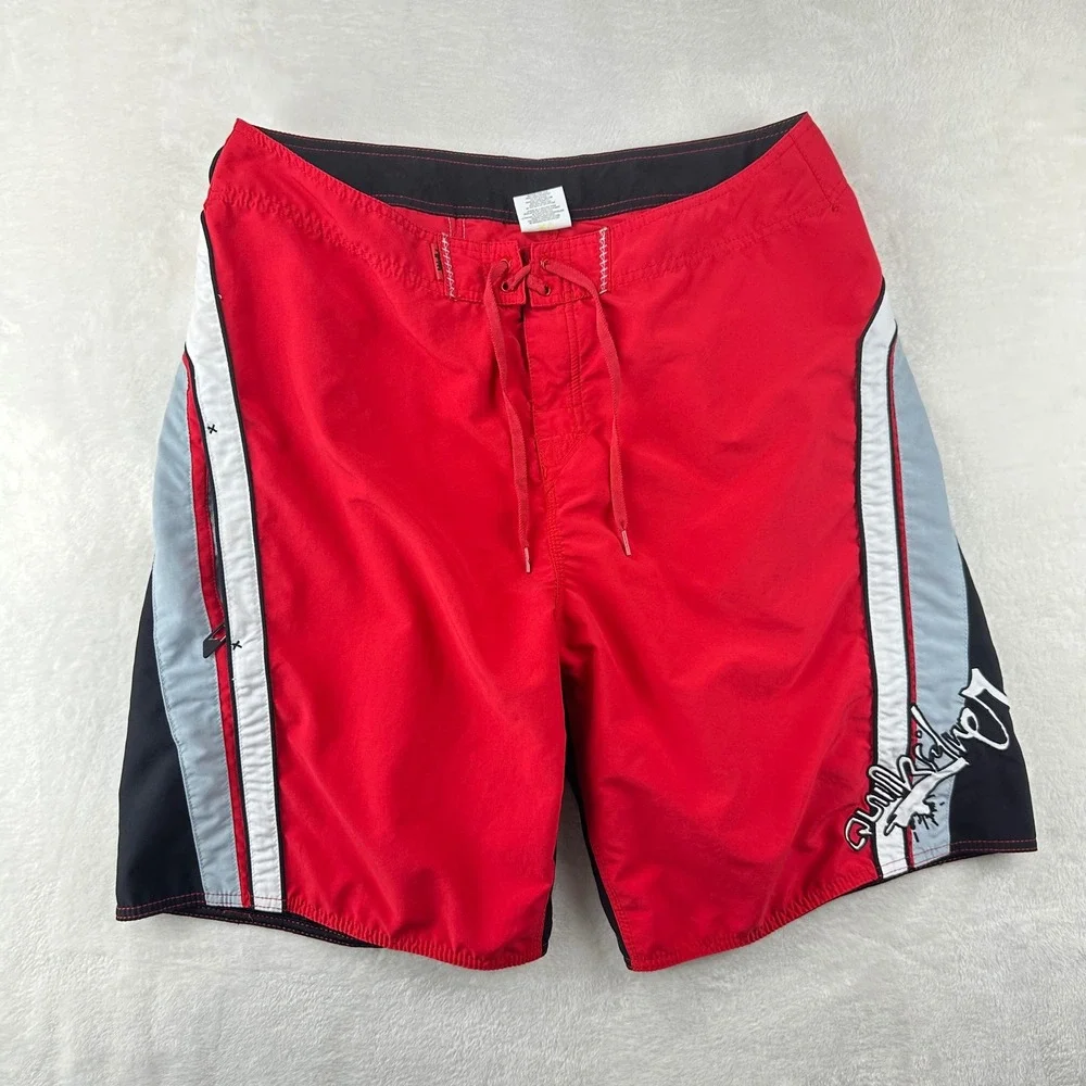 Quiksilver Board Shorts Mens 38 Red Colorblock Surf Swim Trunks Y2K